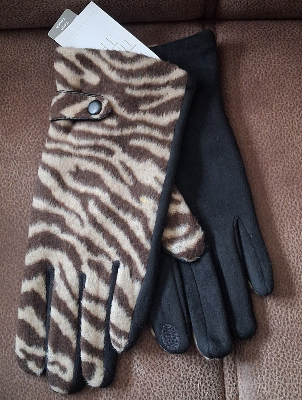 Time And Tru Women's Brown Zebra-Print Touchscreen Gloves S-M